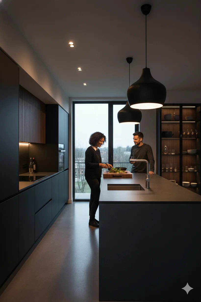 Koppel in een moderne donkere keuken