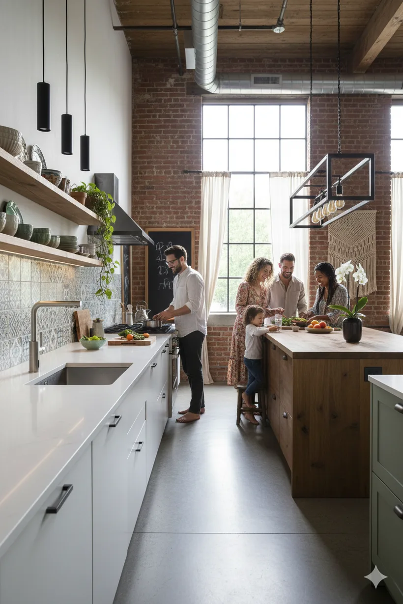 Familie in een lichte loft-keuken