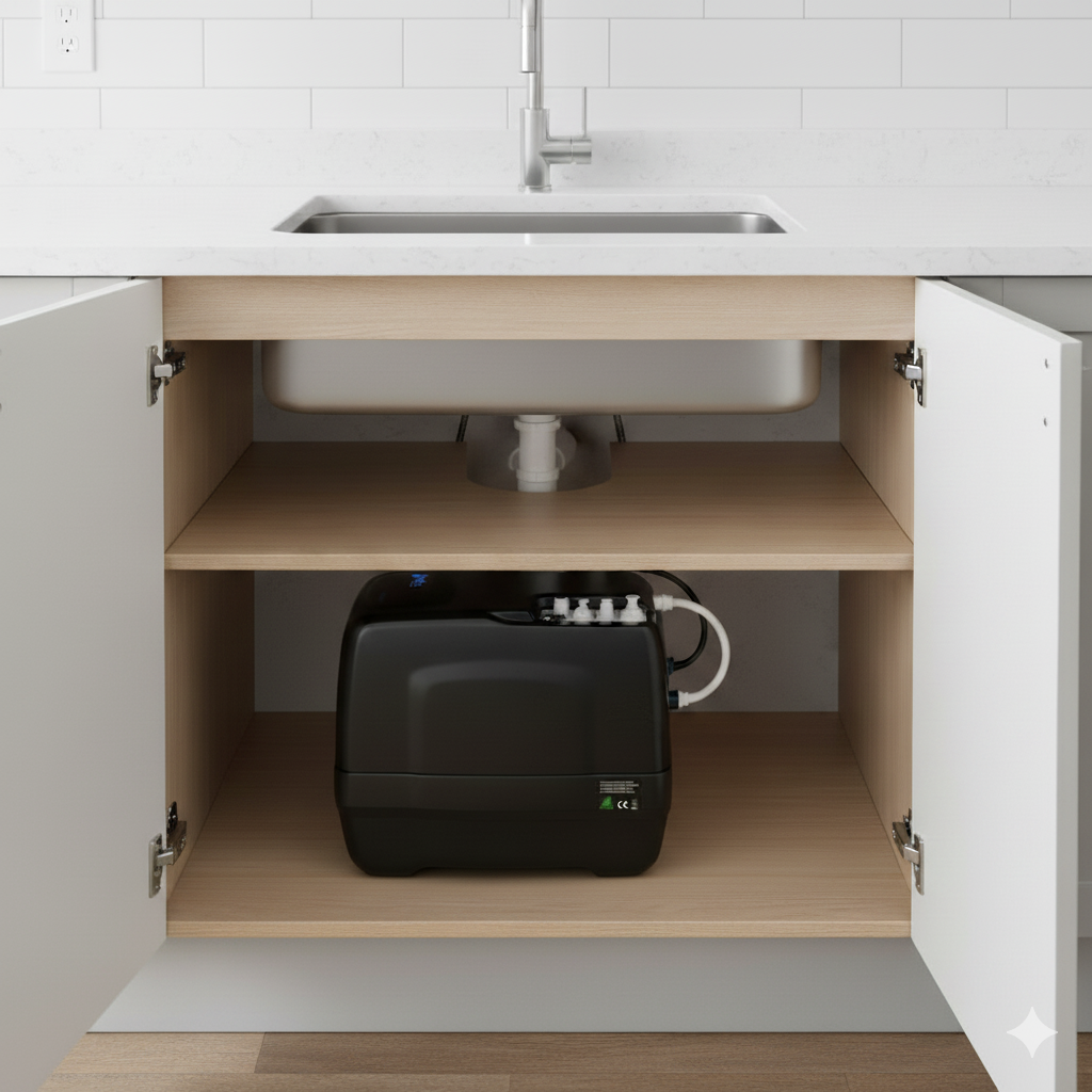 Compacte sub-sink waterfilter unit onder de gootsteen